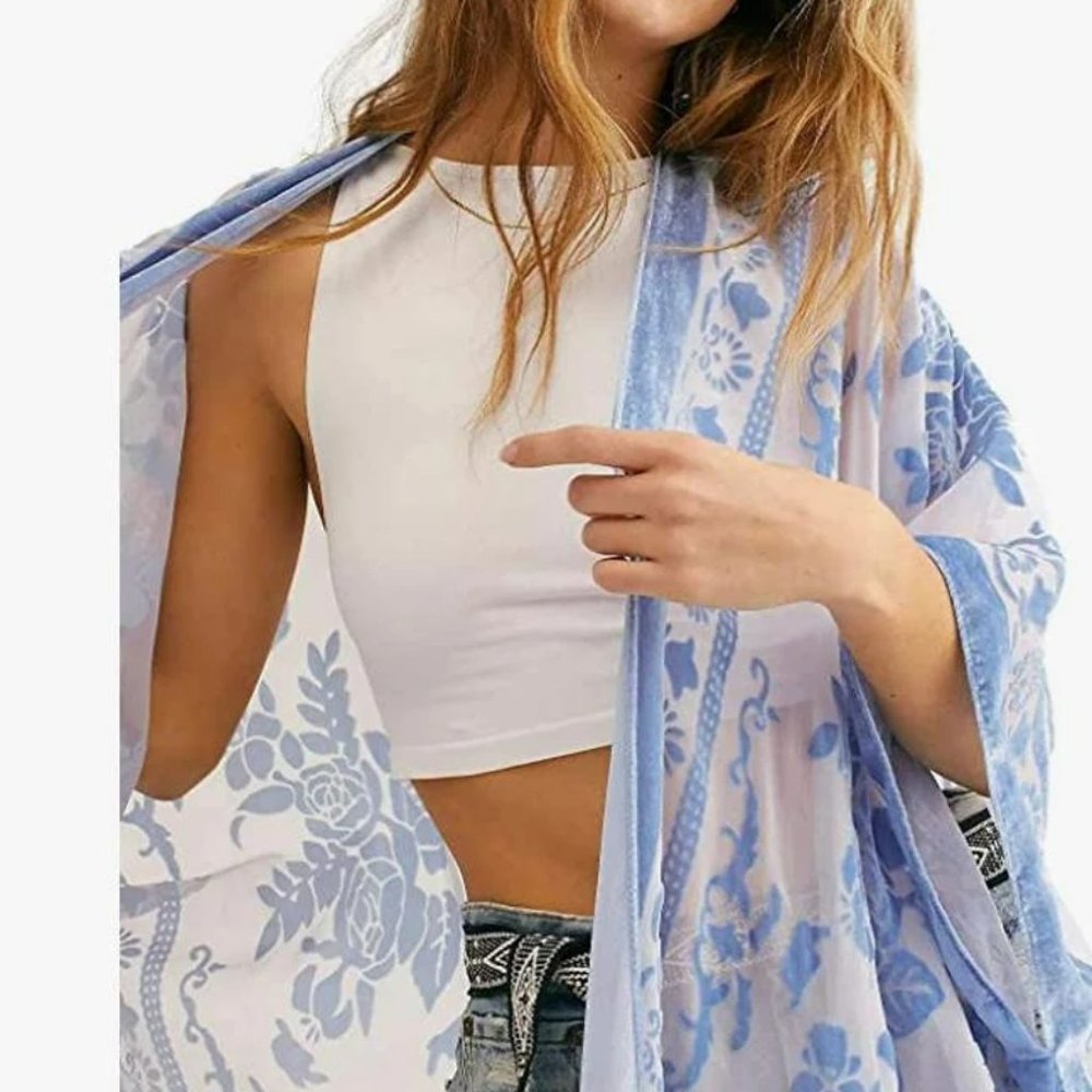Blue Velvet Kimono, Semi Sheer, Burn out, Roses, Flowers, Fringed, Cover, Jacket